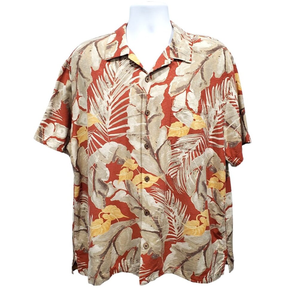 Caribbean Pure Silk Wood Button Up Tropical Hawaiian Short Sleeve Shirt Size XL